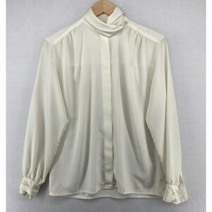 JONES NEW YORK Blouse 4 Crepe Shirred Hidden Button Mock Long Sleeve Ivory VTG
